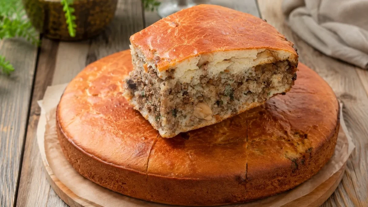 Швидкий заливний пиріг із м’ясом і грибами